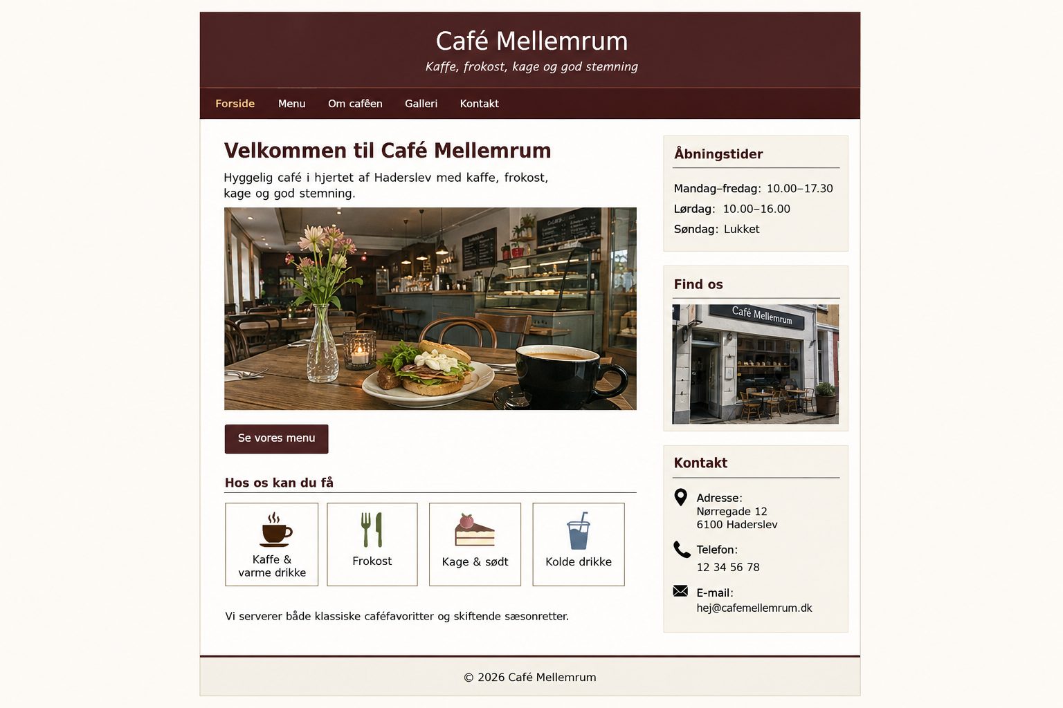 Café Mellemrum – gammel hjemmeside i bordeaux og brun før redesign