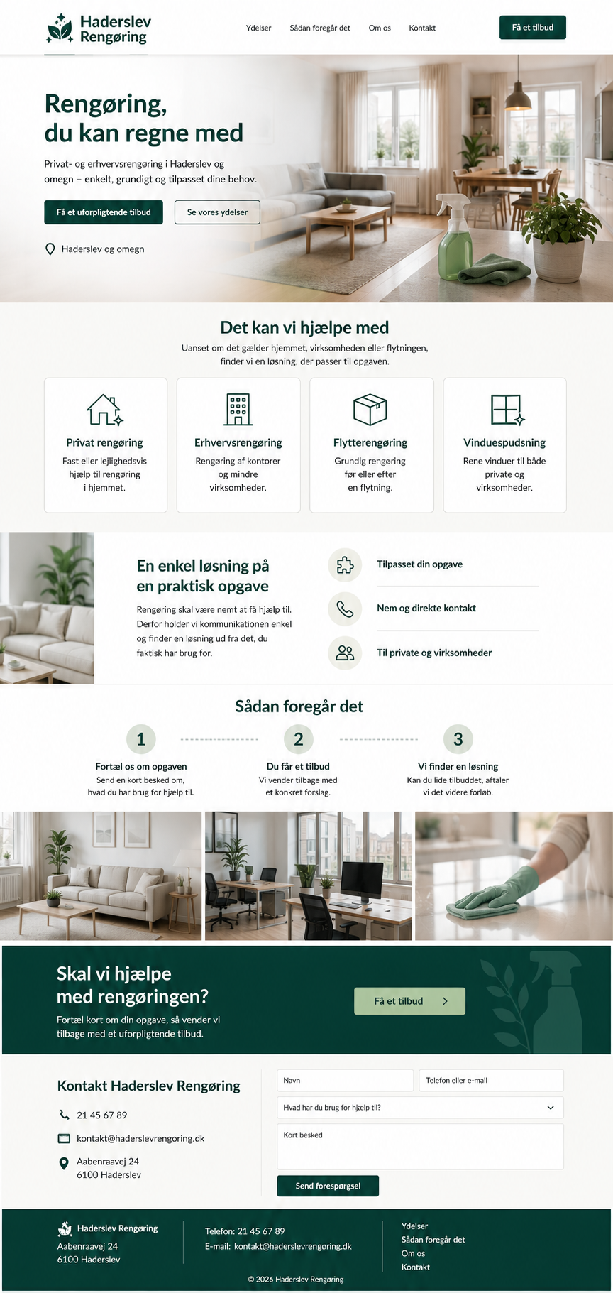 Haderslev Rengøring – moderne skandinavisk hjemmeside i grøn og creme efter redesign